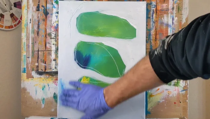 Introduce additional colors (bright aqua green, lime green, Brilliant Blue, Windsor blue, cadmium yellow, light olive green, and Vermilion) to further define the shapes and add contrast. 