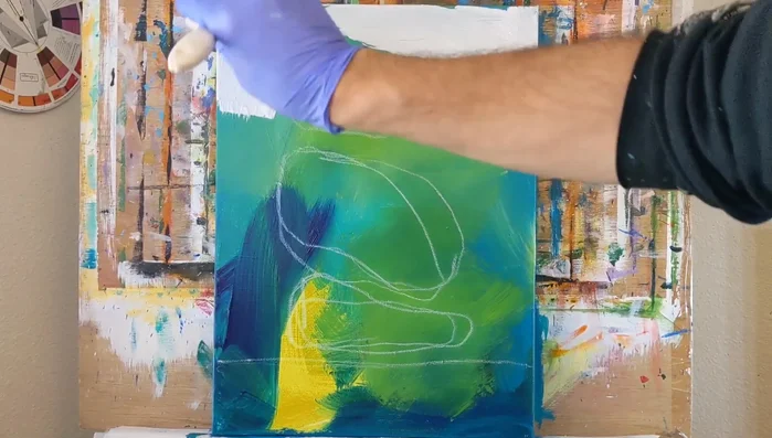 Use a large paintbrush to broadly paint over the sketched shapes with a light base color (mix of aqua green, Payne's gray, and white).