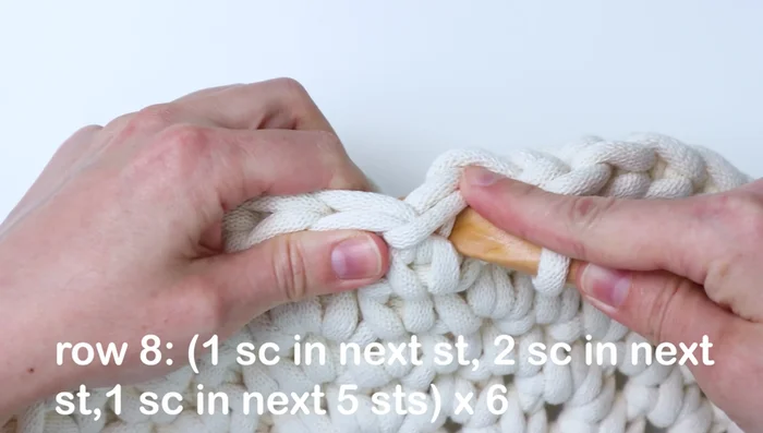 Row 10: Single crochet in the next five stitches, two in the next stitch, single crochet in the next three stitches, repeat six times.