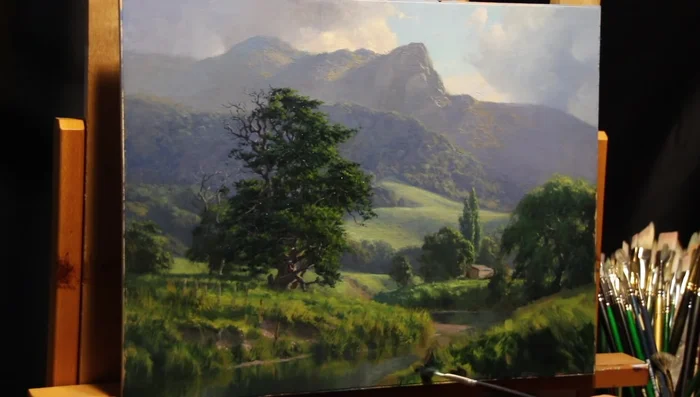 Add the darkest shadows in the immediate foreground, using a combination of ultramarine blue, burnt umber, phthalo green, and quinacridone magenta. Add highlights to the blades of grass to enhance the sense of depth.