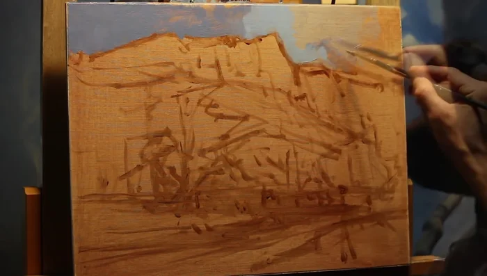 Paint the distant hills, using subdued greens (avoiding over-saturation) to maintain depth. Gradually deepen the colors and shadows as you work towards the foreground.