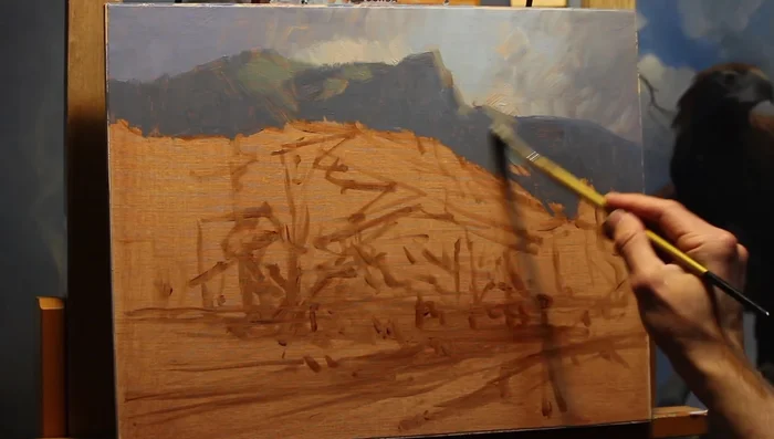 Paint the distant hills, using subdued greens (avoiding over-saturation) to maintain depth. Gradually deepen the colors and shadows as you work towards the foreground.