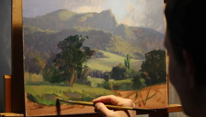 Paint the riverbank, using fragmented brushstrokes to create clumps and tussocks of grass. Suggest water reflections by mirroring colors from above the waterline.