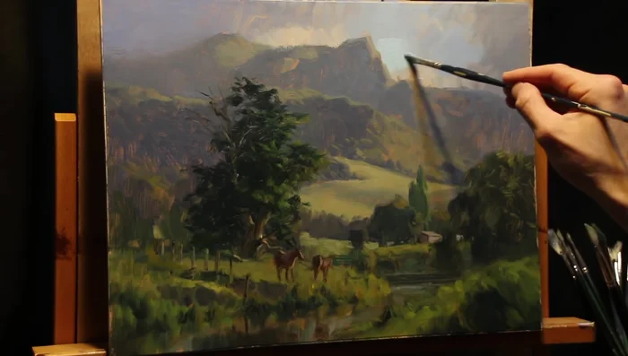 Add details to the clouds, using titanium white, burnt umber, and yellow oxide for warm highlights. Use the #2 dagger brush to blend and refine the clouds.