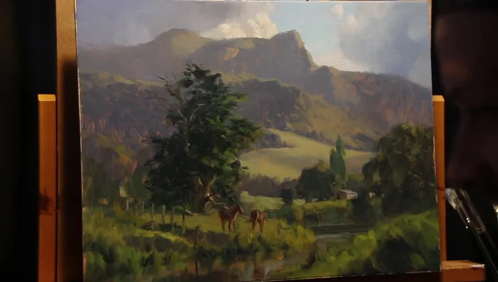 Add details to the clouds, using titanium white, burnt umber, and yellow oxide for warm highlights. Use the #2 dagger brush to blend and refine the clouds.