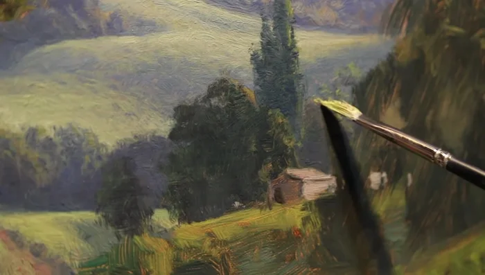 Add the darkest shadows in the immediate foreground, using a combination of ultramarine blue, burnt umber, phthalo green, and quinacridone magenta. Add highlights to the blades of grass to enhance the sense of depth.