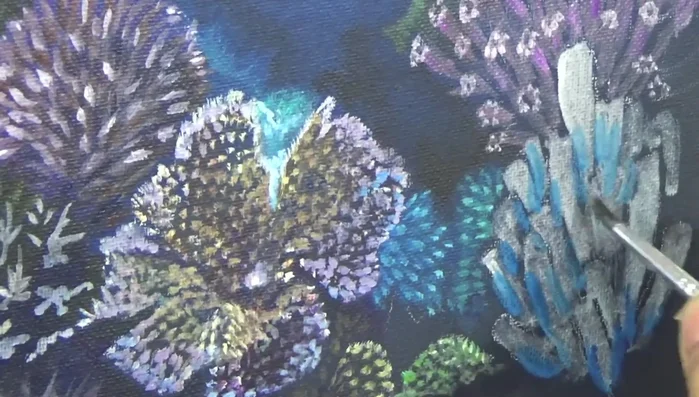 Paint the final tubular sponge. Apply a gray-white base first before adding brighter green, blue, and gray layers to create depth and texture.