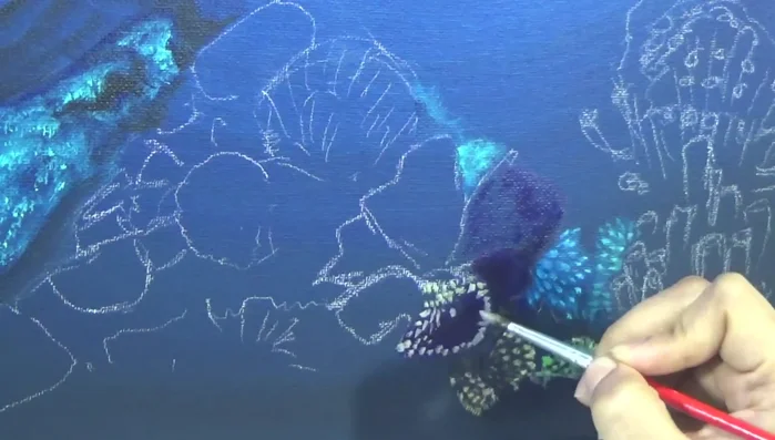 Paint larger sponges. Apply base layers of browns, purples, and blues. Create outward strokes with a brush, then add lighter versions of the same colors using a flat brush for inwards strokes.