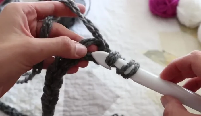 Chain 3, then half double crochet (hdc) across the foundation chain. Do not hdc into the first chain of the row. 