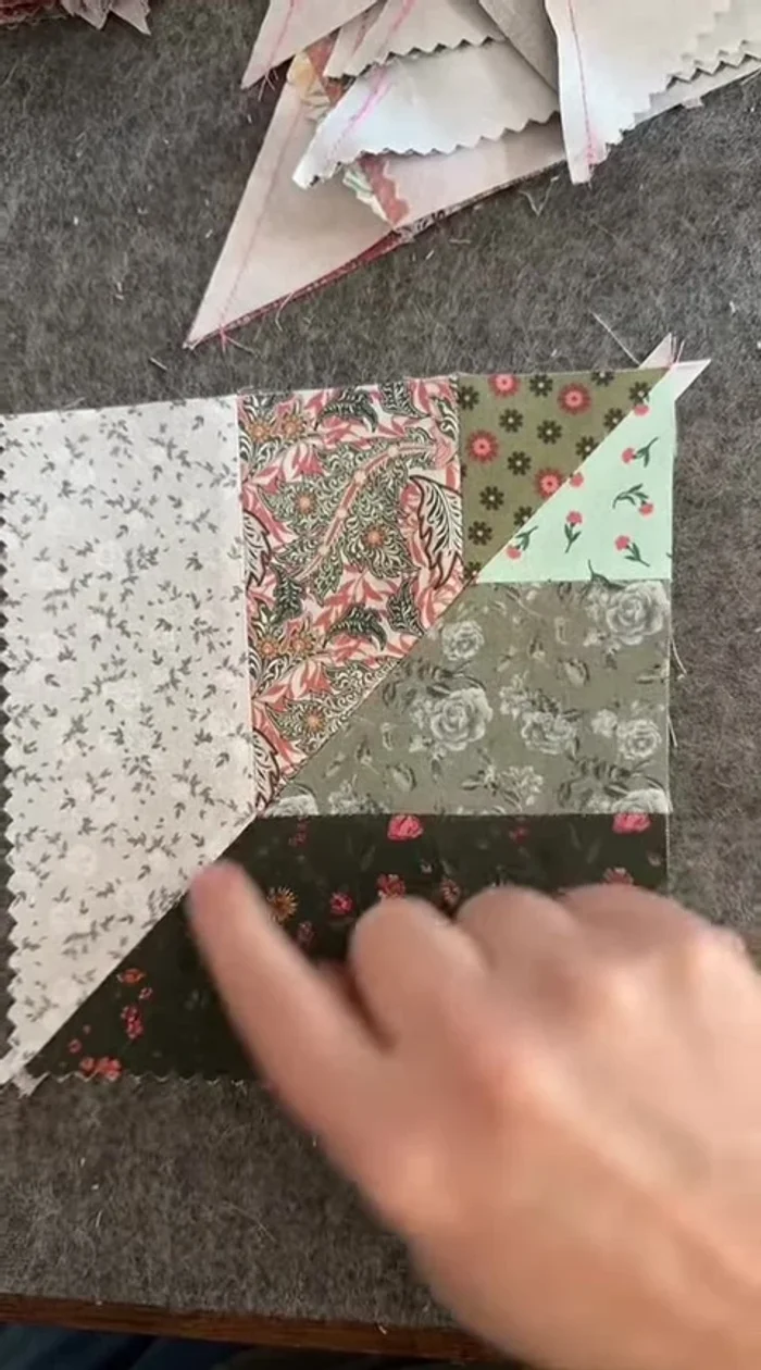 Sew blocks together in rows, matching seams. Then sew rows together to form the quilt top. Trim to final size (11 1/2" x 11 1/2" blocks for a 4x4 baby quilt).