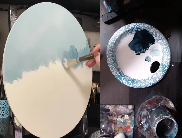 Blend background trees with a clean (but not completely dry) mop brush while the sky and first layer of trees are still wet.