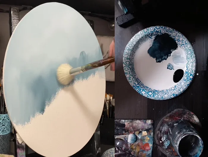 Blend background trees with a clean (but not completely dry) mop brush while the sky and first layer of trees are still wet.