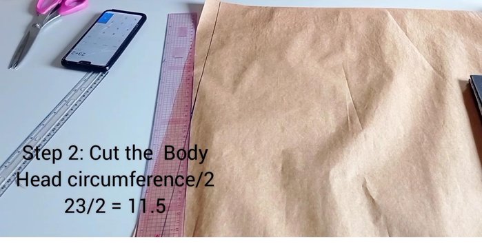 Draft the brim pattern: Divide the head circumference by 3.142. Measure this radius, add a desired height (3 inches used in the tutorial), and add seam allowance (½ inch to the top, full allowance to the bottom). Cut out.
