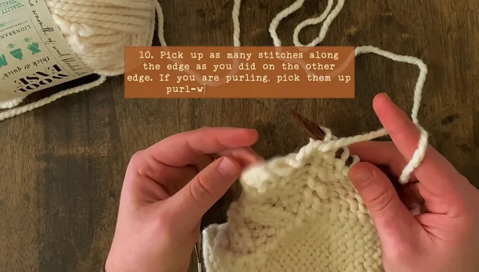 Pick up stitches along the opposite edge of the ribbing (3 stitches recommended).