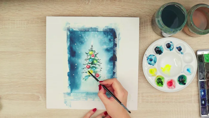 Remove tape and make final touches – adjusting colors, adding details, and making final adjustments to the snow and lights.