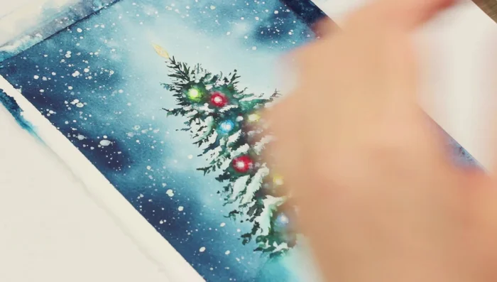 Remove tape and make final touches – adjusting colors, adding details, and making final adjustments to the snow and lights.