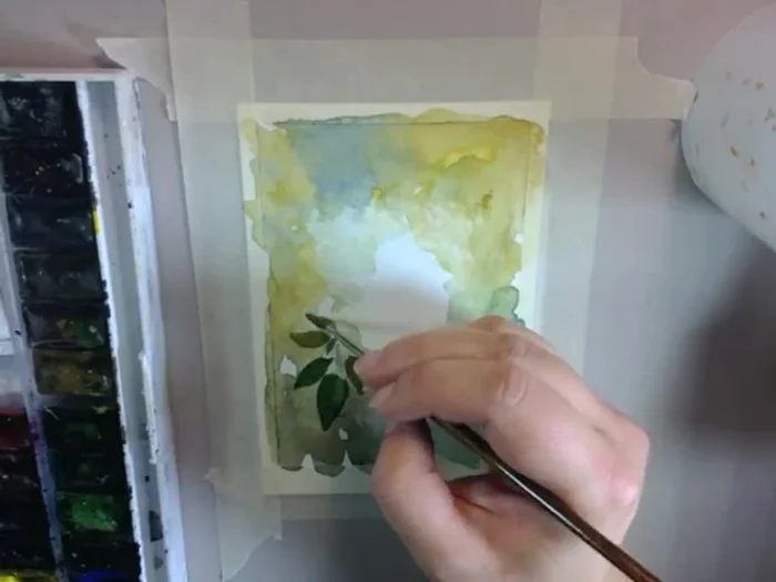 Switch to a thin brush and begin painting individual leaves, thinking of each leaf as unique.