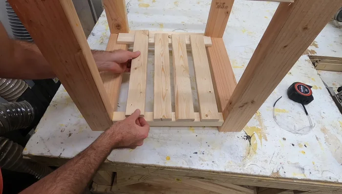 Create and attach shelves using ripped strips of wood: