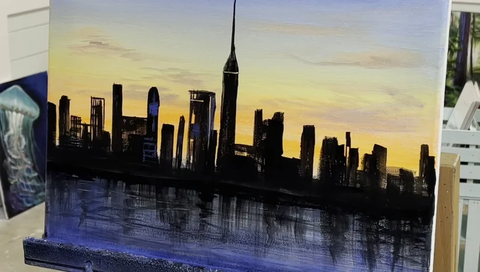 Add highlights to buildings and windows using white and luminous yellow, creating a grid pattern with dots and short strokes.