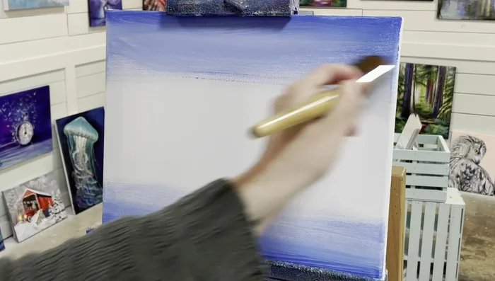 Add luminous yellow and neon orange to the top section to create a sunset effect, blending softly into the blue and white.