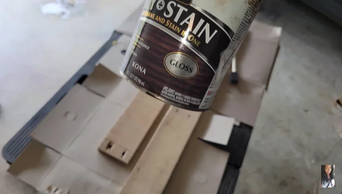 Apply Verithane Polystain (Kona color or your preferred color) using a sponge brush for even coverage. Allow one hour to dry.