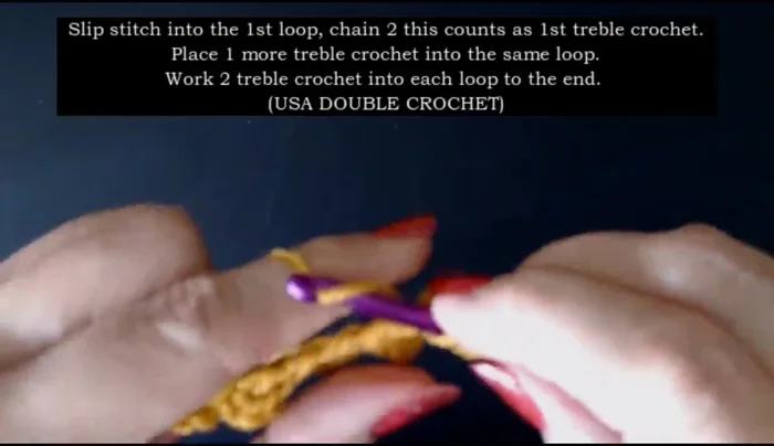 Chain two, work two treble crochets into the next loop, repeat across.
