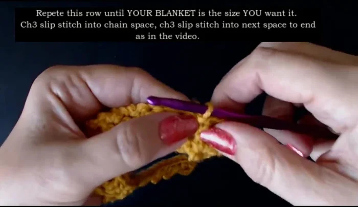 Repeat step 9 across the row. Remember to use slip stitches, not single or double crochets, in the chain spaces.