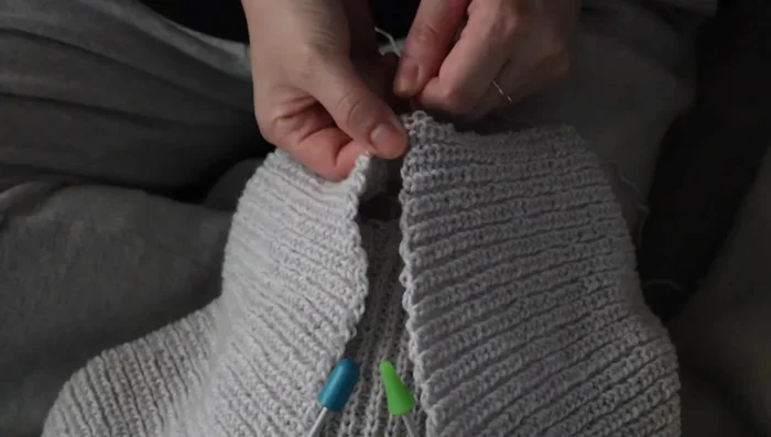 Seam the shoulders together, matching columns for even tension.