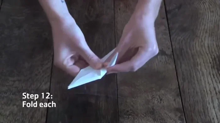 Fold the top flap up to form the head and tail, then open them out along the crease to fold them in, with the head between the wings. 