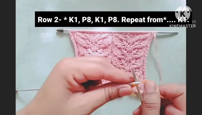 **Row 2 (Wrong Side):** k1, *yo, p8, ybk, k1*. Repeat from * to *, ending with k1.