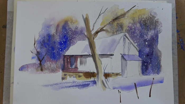 Create falling snow effect using a 50/50 mix of white gouache and water, varying the consistency for different sized snowflakes.