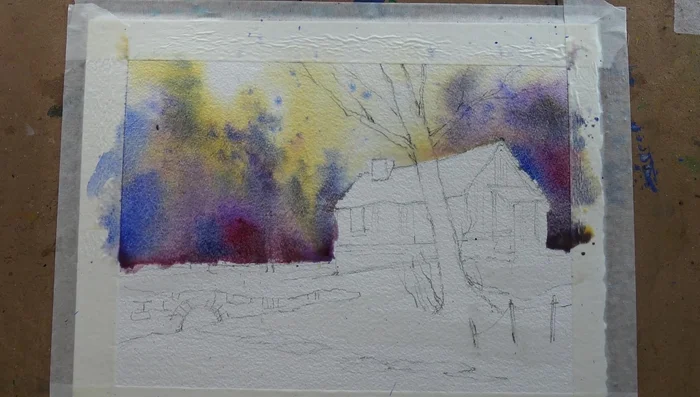 Paint the stream using Payne's grey, leaving white islands for snow.