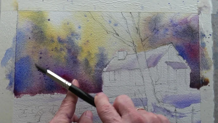 Paint the stream using Payne's grey, leaving white islands for snow.