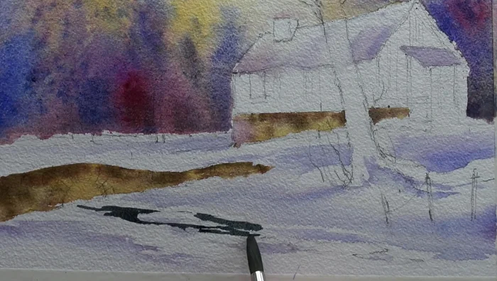 Paint the stream using Payne's grey, leaving white islands for snow.