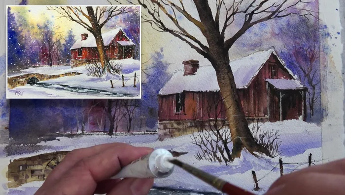 Create falling snow effect using a 50/50 mix of white gouache and water, varying the consistency for different sized snowflakes.