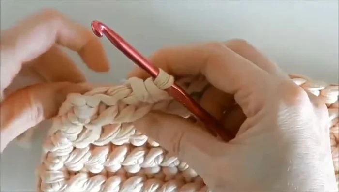 Finish the last row ensuring the final stitch is completely worked to maintain rug shape.