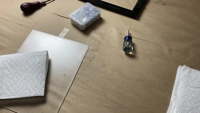 Prepare the substrate: Remove the glass from a certificate frame, spray paint the frame (optional), and clean the glass thoroughly.