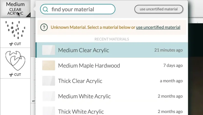 Select appropriate materials and settings (cut, proofgrade cut) in the Glowforge software.
