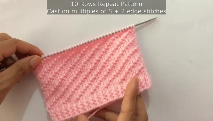 Cast on multiples of five stitches plus two extra stitches (e.g., 12 stitches = 5 + 5 + 2).