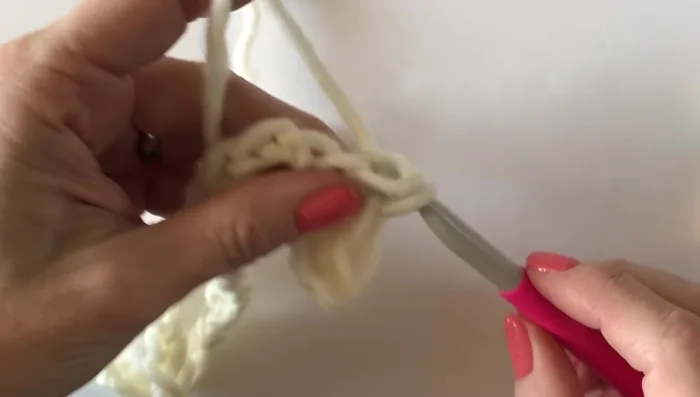 Work 13 stitches down the next side, skipping over two chain spaces.