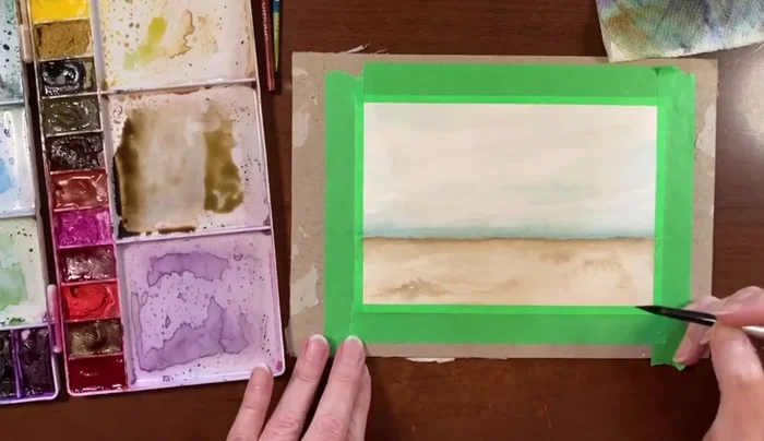 Add darker accents to the beach grass with a deeper sepia mixture, focusing on the bottom areas for depth and contrast. Use a very light touch to avoid overdoing it.