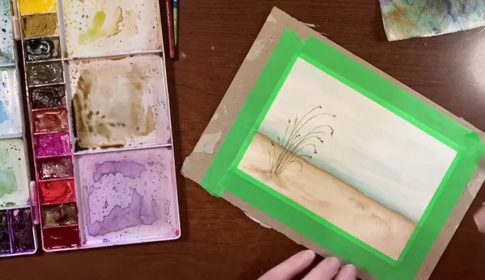 Add darker accents to the beach grass with a deeper sepia mixture, focusing on the bottom areas for depth and contrast. Use a very light touch to avoid overdoing it.