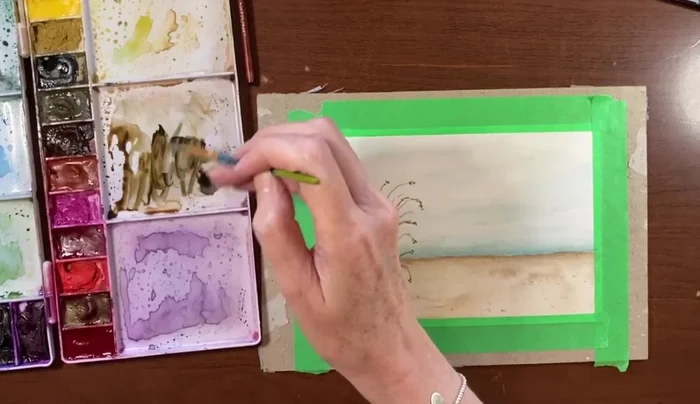 Finally, add a few simple birds in the sky using a dark brown/black mixture. Keep the birds simple and suggestive of movement.