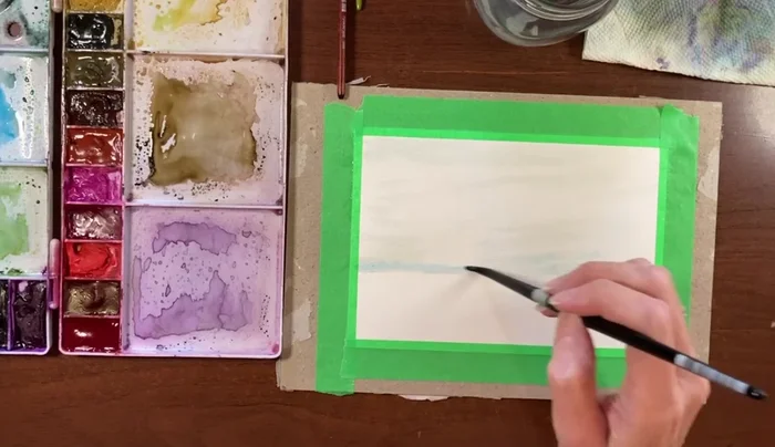 Add a slightly deeper wash of turquoise and Cerulean blue along the horizon line, keeping the overall color light and airy.