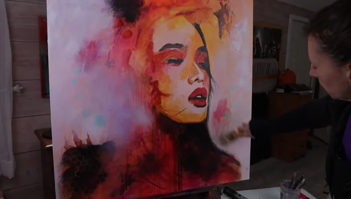 Create a misty background with a dry brush and opaque acrylics. Build up layers, adding details and using stencils.