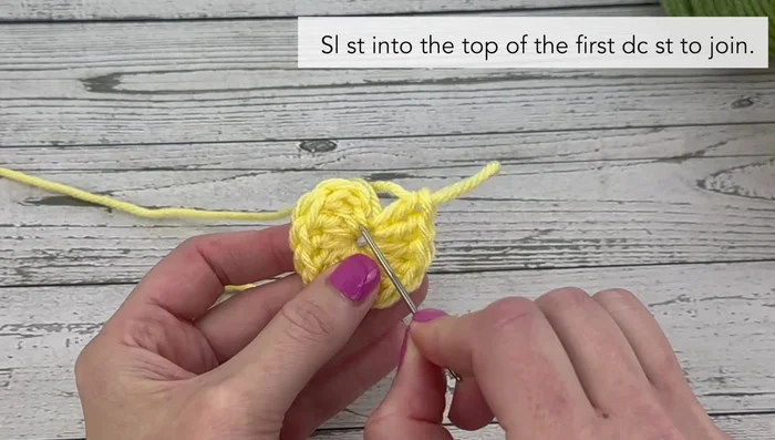 Slip stitch to join the round and fasten off the yellow yarn.
