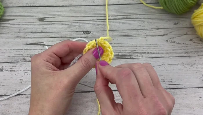 Slip stitch to join the round and fasten off the white yarn.