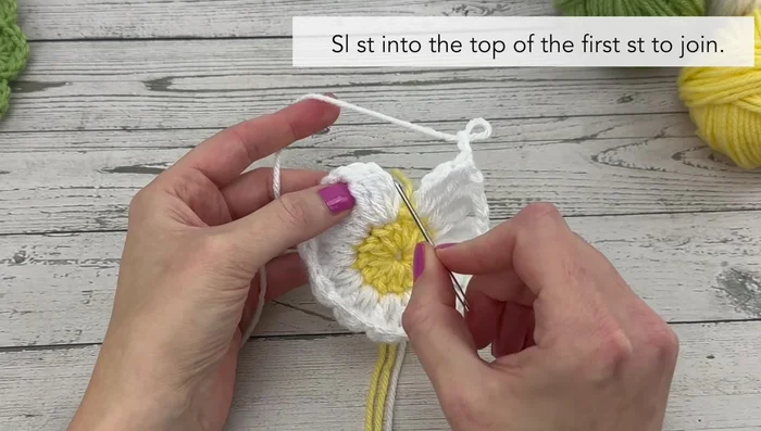 Slip stitch to join the round and fasten off the white yarn.