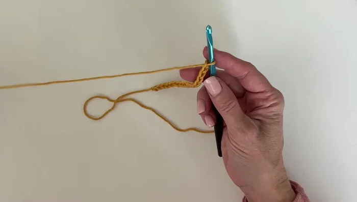 Start with an even number of chains. For the sample, 20 chains are used with a 5 mm hook, but 110 chains were used for the actual blanket.