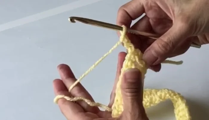 Repeat the pattern: front post double crochet, two double crochets, and then another front post double crochet across the row. End the row with three double crochets.